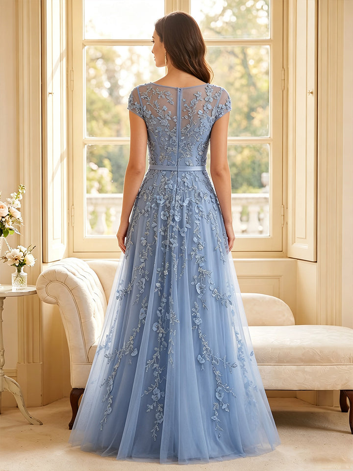 A-Line/Princess Scoop Short Sleeves Floor-Length Mother of the Bride Dresses with Lace &amp; 3D Floral