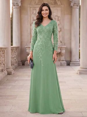 A-Line/Princess V-Neck Long Sleeves Floor-Length Mother of the Bride Dresses with Applique