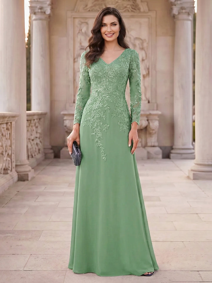 A-Line/Princess V-Neck Long Sleeves Floor-Length Mother of the Bride Dresses with Applique