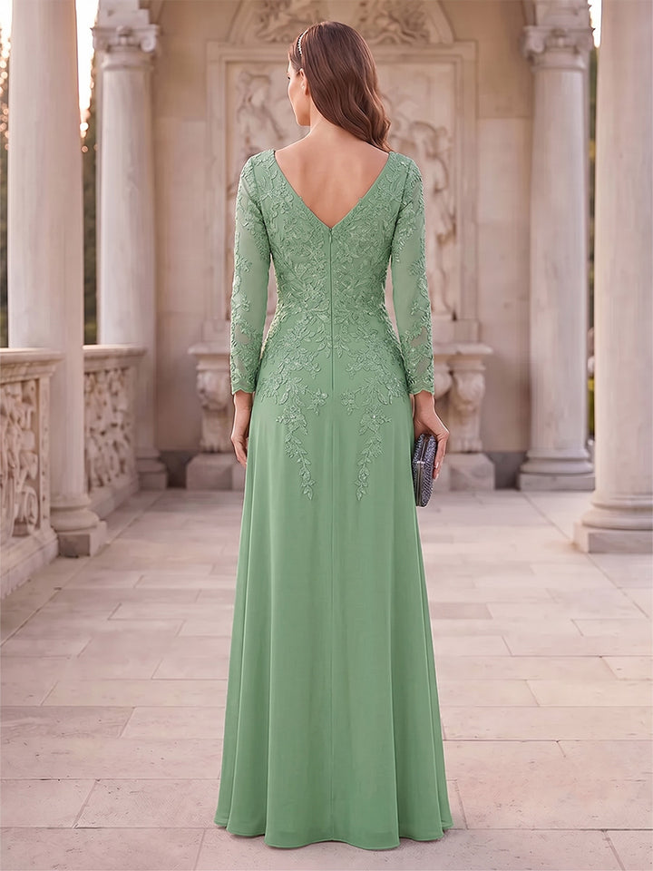 A-Line/Princess V-Neck Long Sleeves Floor-Length Mother of the Bride Dresses with Applique