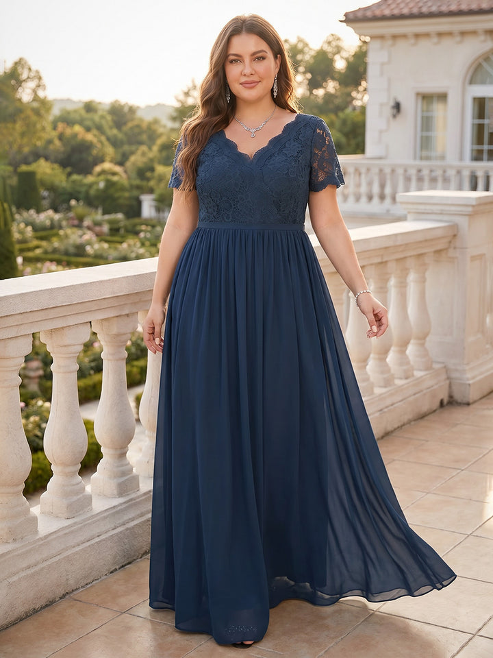 A-Line/Princess Short Sleeves V Neck Plus Size Floor-Length Mother of the Bride Dresses with Lace &amp; Applique