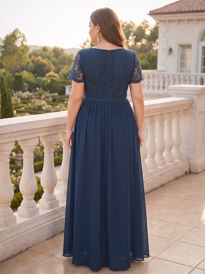A-Line/Princess Short Sleeves V Neck Plus Size Floor-Length Mother of the Bride Dresses with Lace &amp; Applique
