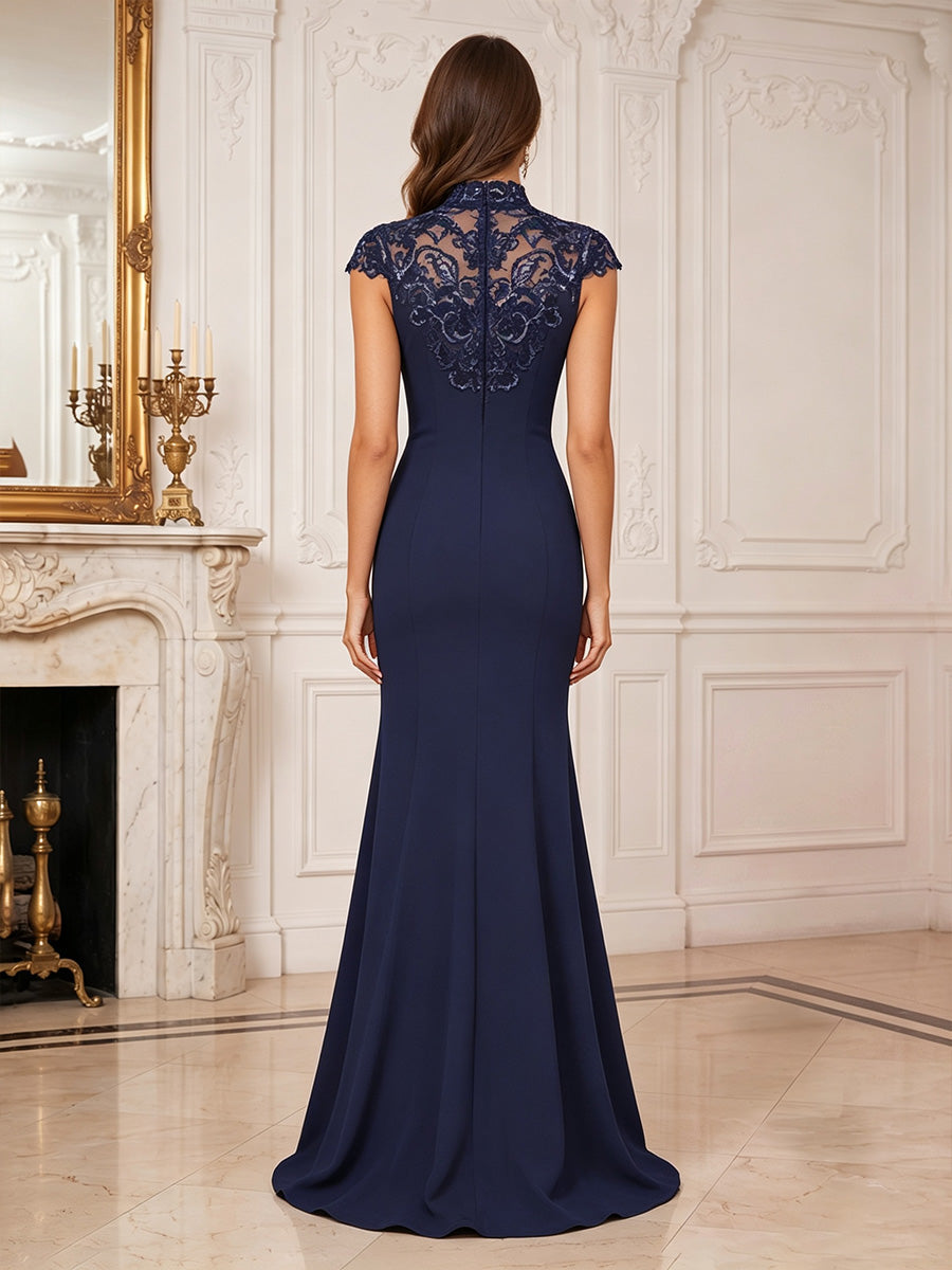 Trumpet/Mermaid High Neck Cap Sleeves Floor-Length Mother of the Bride Dresses with Split Side &amp; Applique