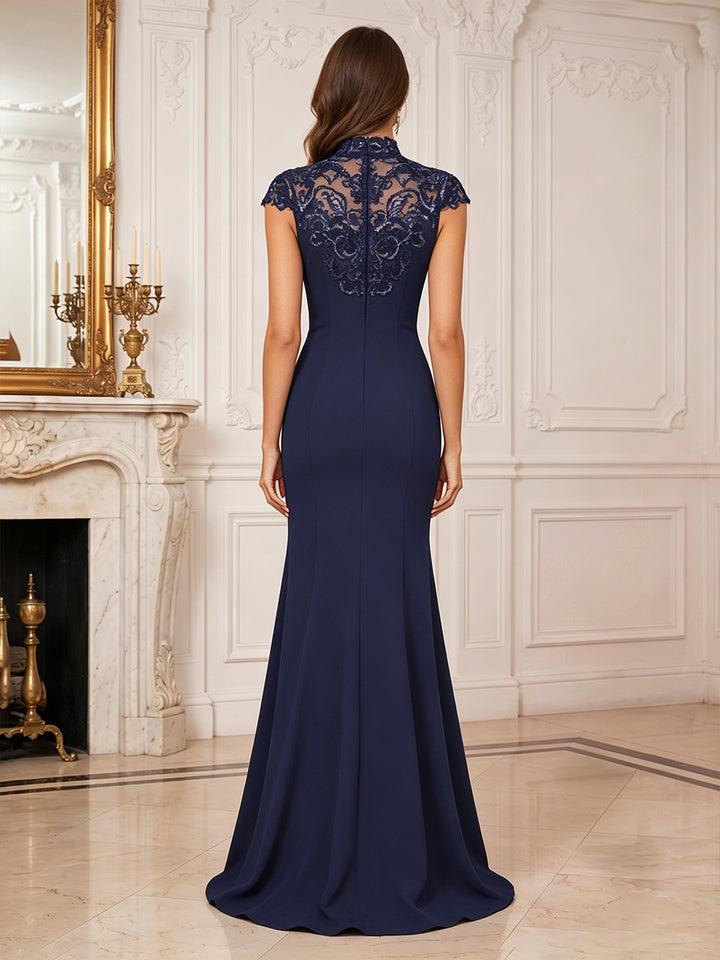 Trumpet/Mermaid High Neck Cap Sleeves Floor-Length Mother of the Bride Dresses with Split Side &amp; Applique