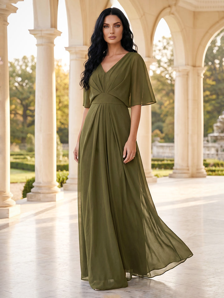 A-Line/Princess Half Sleeves V-neck Floor-length Mother of the Bride Dresses with Ruched