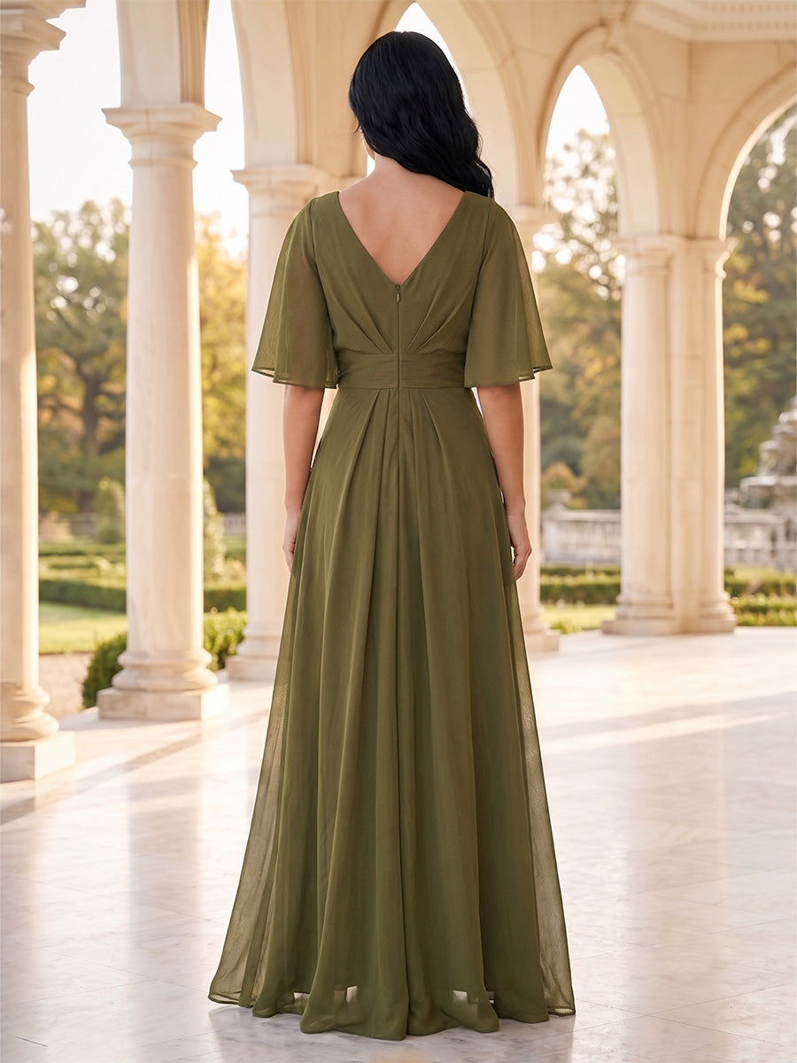 A-Line/Princess Half Sleeves V-neck Floor-length Mother of the Bride Dresses with Ruched