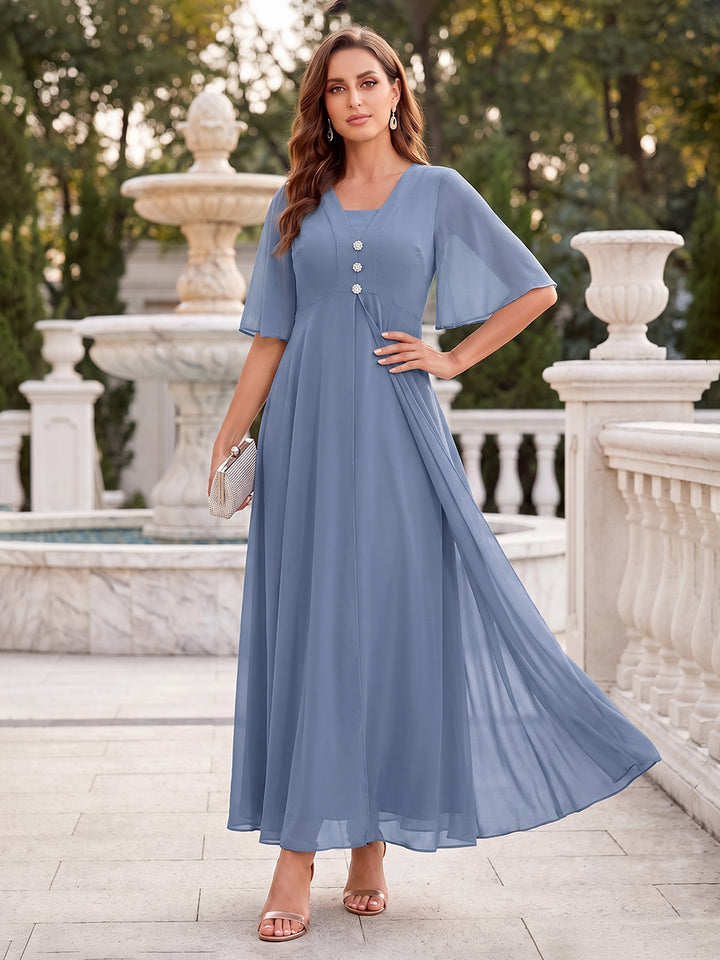 A-Line/Princess Half Sleeves Square Neck Floor-length Mother of the Bride Dresses with Rhinestone