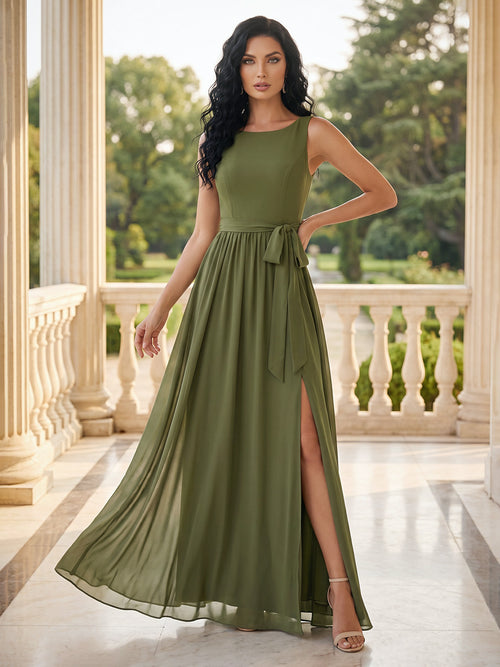 A-Line/Princess Scoop Sleeveless Floor-Length Long Mother of the Bride Dresses with Bowknot & Split Side