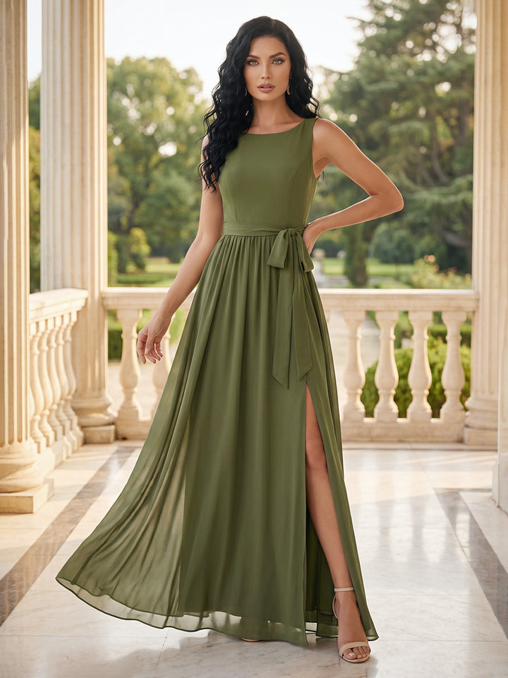 A-Line/Princess Scoop Sleeveless Floor-Length Long Mother of the Bride Dresses with Bowknot &amp; Split Side