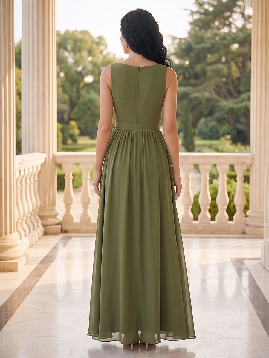 A-Line/Princess Scoop Sleeveless Floor-Length Long Mother of the Bride Dresses with Bowknot &amp; Split Side