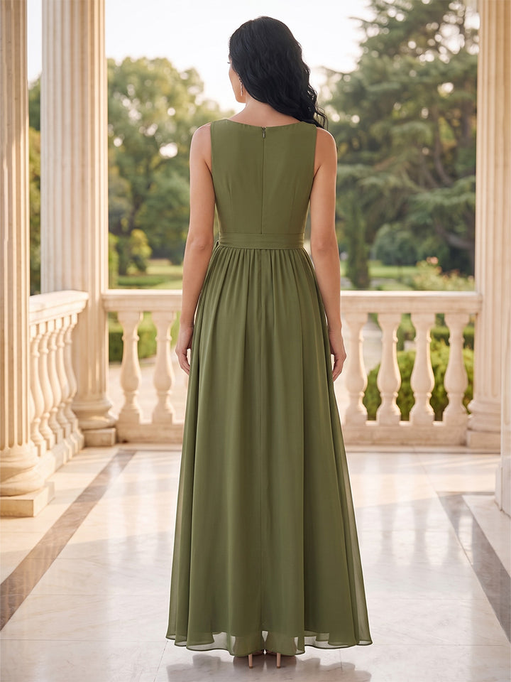 A-Line/Princess Scoop Sleeveless Floor-Length Long Mother of the Bride Dresses with Bowknot &amp; Split Side