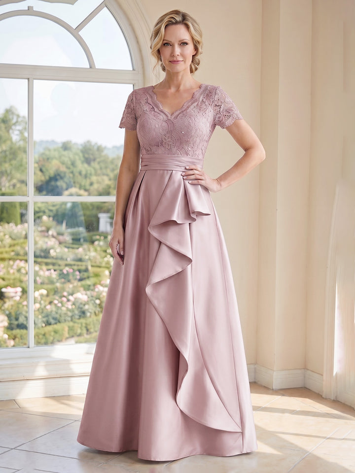 A-Line/Princess Short Sleeves V Neck Floor-Length Mother of the Bride Dresses with Lace &amp; Ruffles