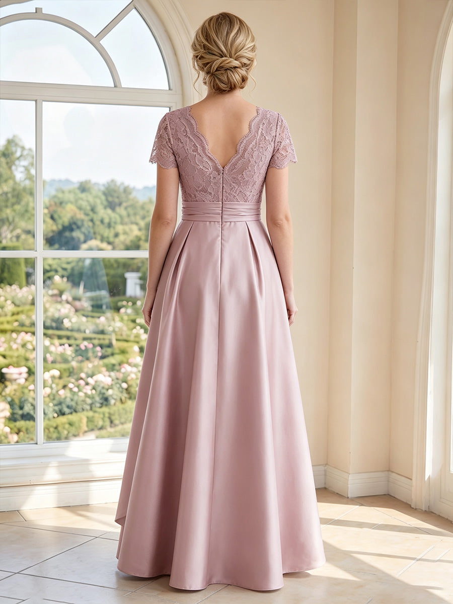 A-Line/Princess Short Sleeves V Neck Floor-Length Mother of the Bride Dresses with Lace &amp; Ruffles