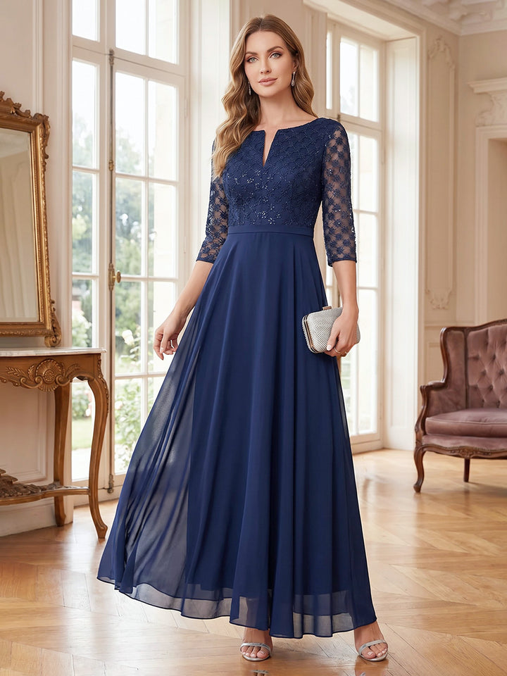 A-Line/Princess V-Neck 3/4 Sleeves Floor-Length Mother of the Bride Dresses with Lace &amp; Applique