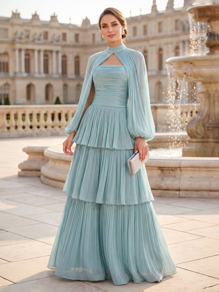 A-Line/Princess High Neck Long Sleeves Floor-Length Mother of the Bride Dresses with Ruffles &amp; Pleats