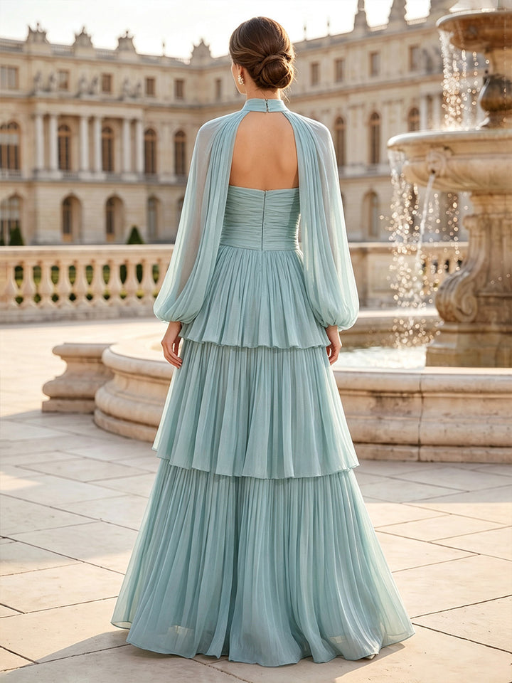 A-Line/Princess High Neck Long Sleeves Floor-Length Mother of the Bride Dresses with Ruffles &amp; Pleats