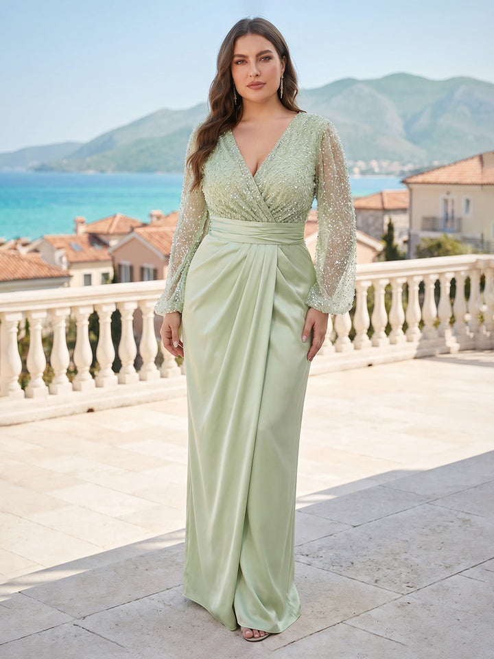 Sheath/Column V-Neck Long Sleeves Floor-Length Plus Size Mother of the Bride Dresses With Sequins