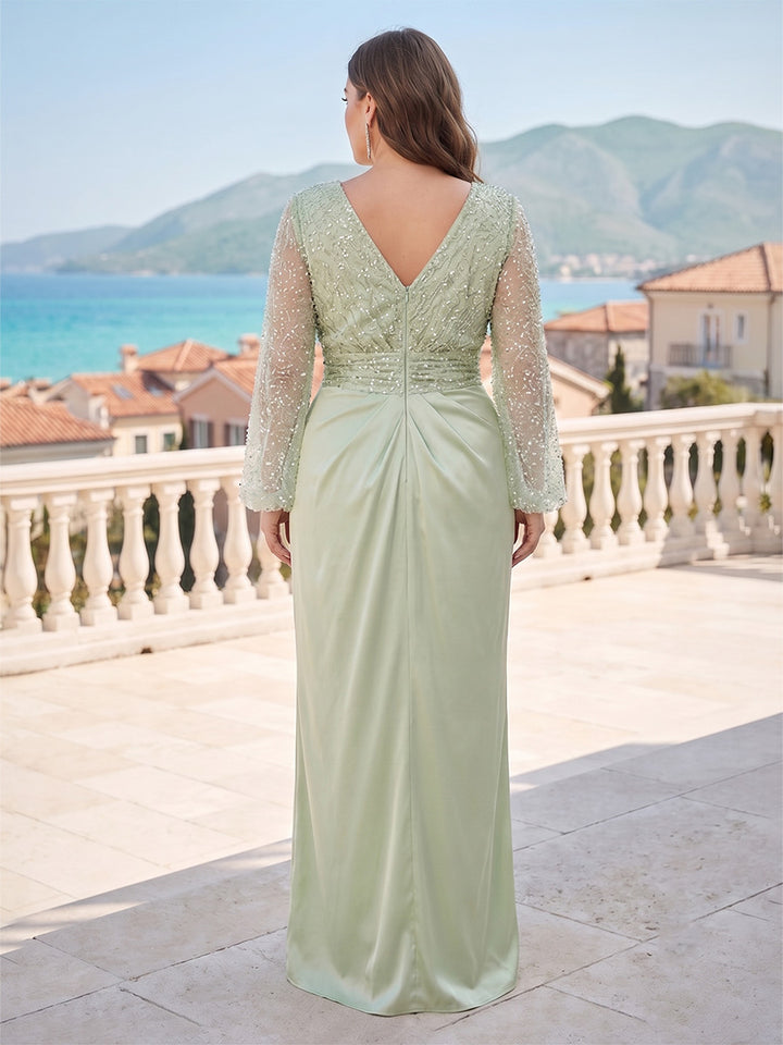 Sheath/Column V-Neck Long Sleeves Floor-Length Plus Size Mother of the Bride Dresses With Sequins