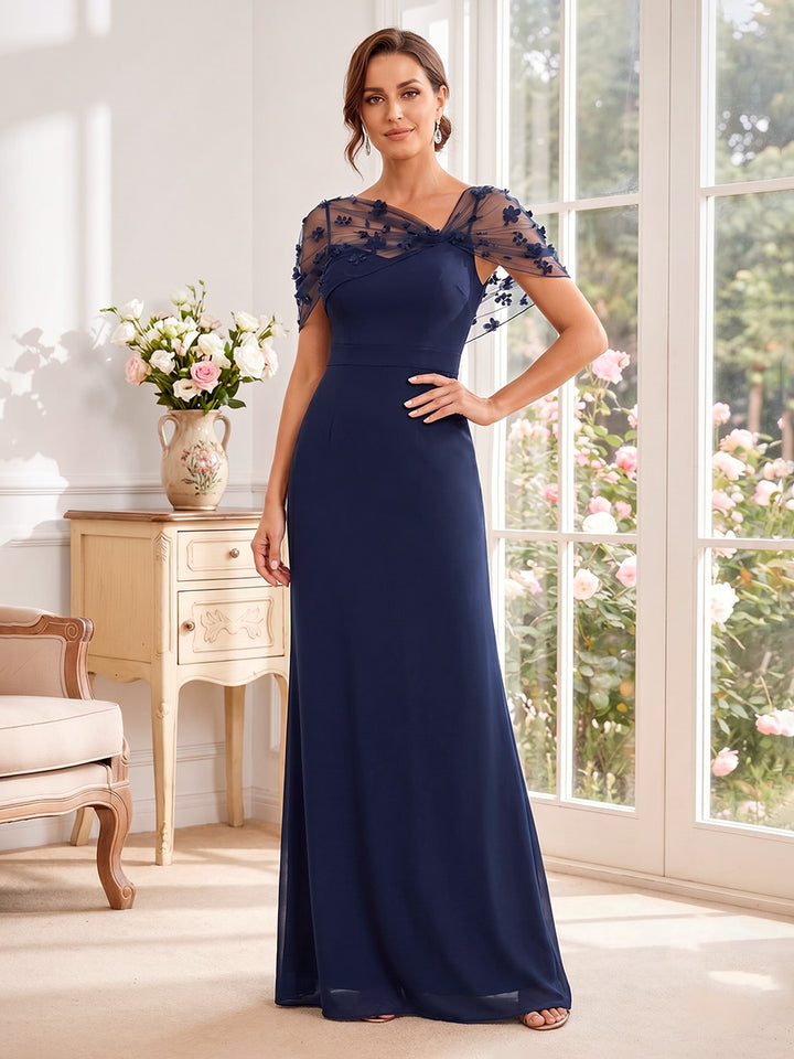 Sheath/Column Asymmetrical Cape Sleeves Floor-Length Mother of the Bride Dresses with 3D Floral &amp; Lace