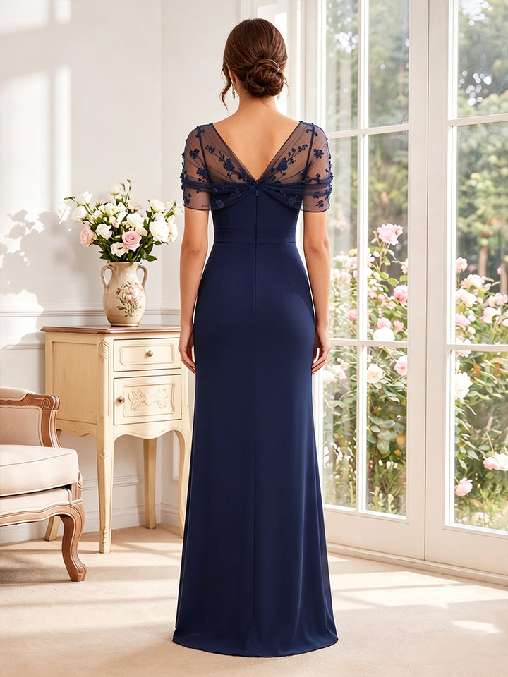Sheath/Column Asymmetrical Cape Sleeves Floor-Length Mother of the Bride Dresses with 3D Floral &amp; Lace