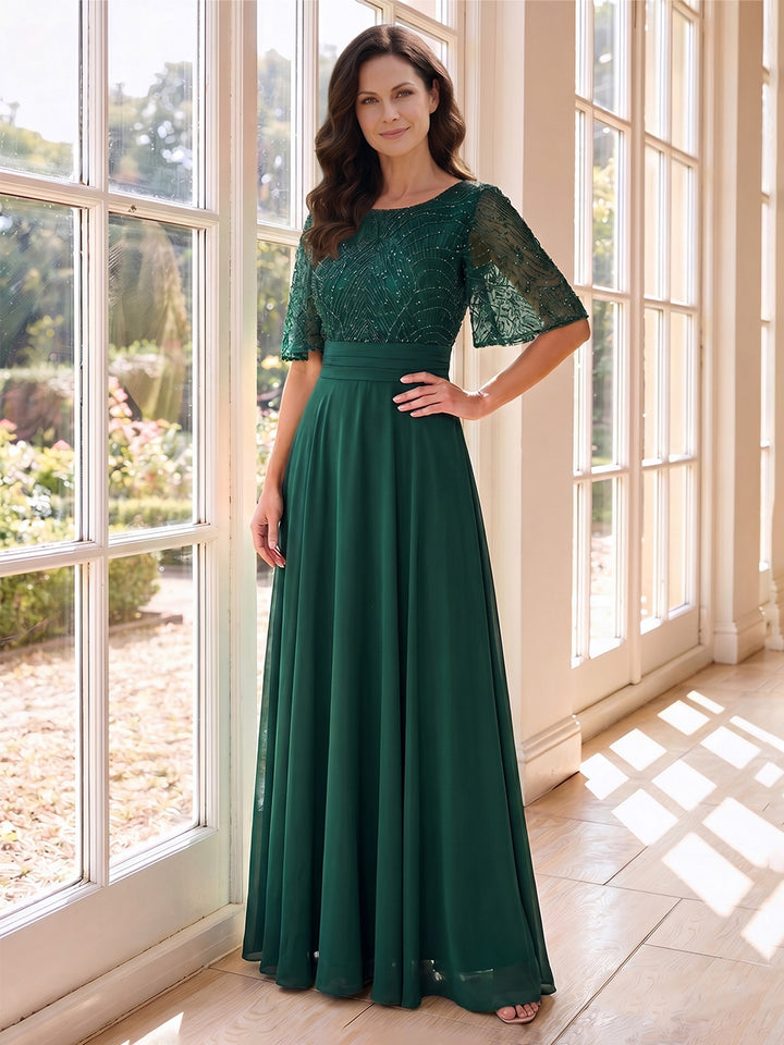 A-Line/Princess Scoop Half Sleeves Floor-Length Mother of the Bride Dresses with Beading &amp; Lace