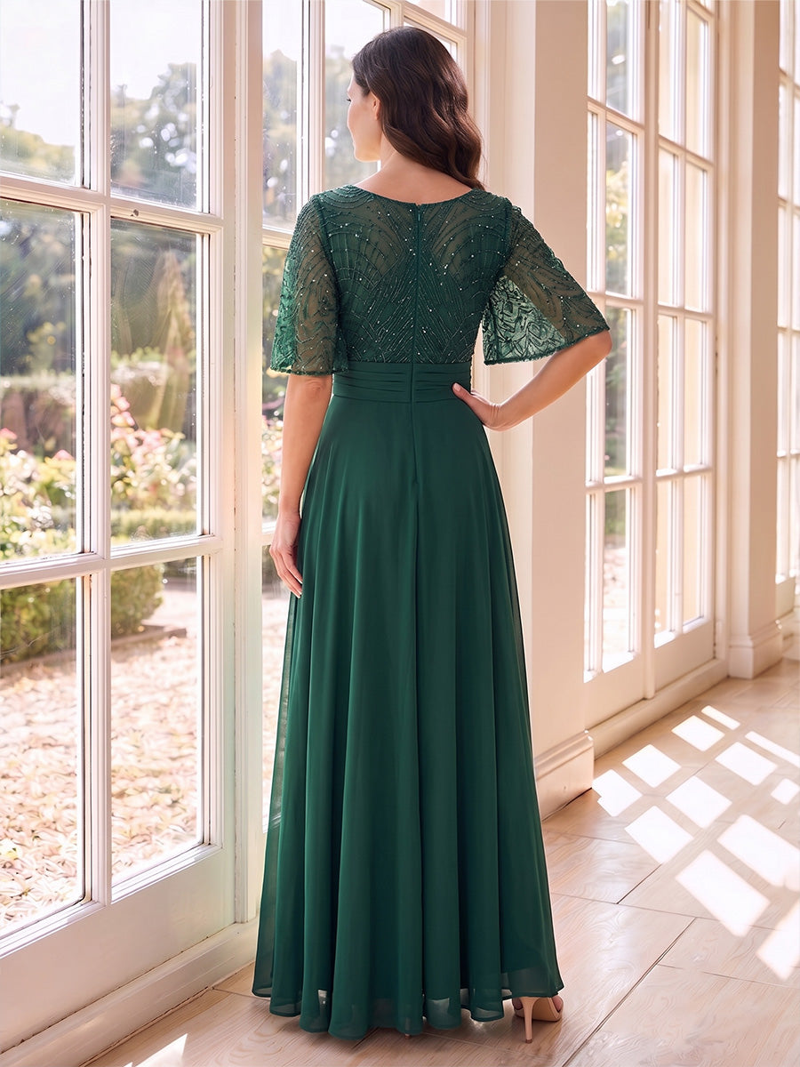 A-Line/Princess Scoop Half Sleeves Floor-Length Mother of the Bride Dresses with Beading &amp; Lace