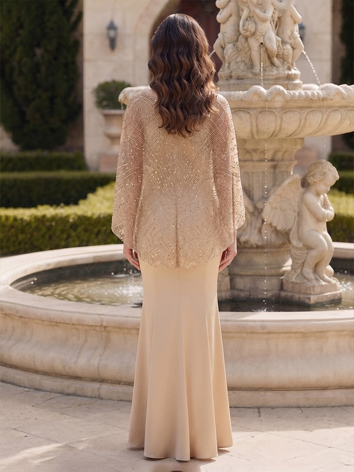 Trumpet/Mermaid Scoop Cape Sleeves Floor-Length Mother of the Bride Dresses with Beading