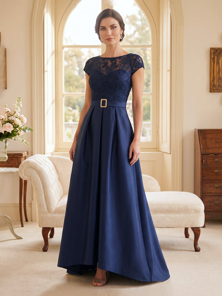 A-Line/Princess Scoop Short Sleeves Asymmetrical Mother of the Bride Dresses with Lace &amp; Applique
