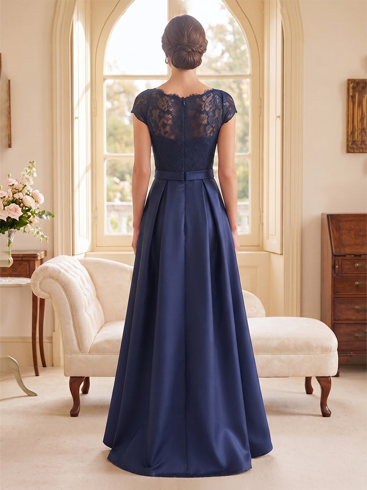 A-Line/Princess Scoop Short Sleeves Asymmetrical Mother of the Bride Dresses with Lace &amp; Applique