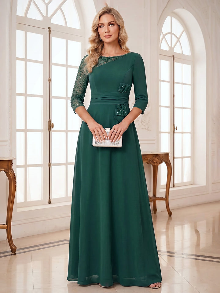 A-Line/Princess Scoop 3/4 Sleeves Floor-Length Mother of the Bride Dresses with Appliques &amp; Beading