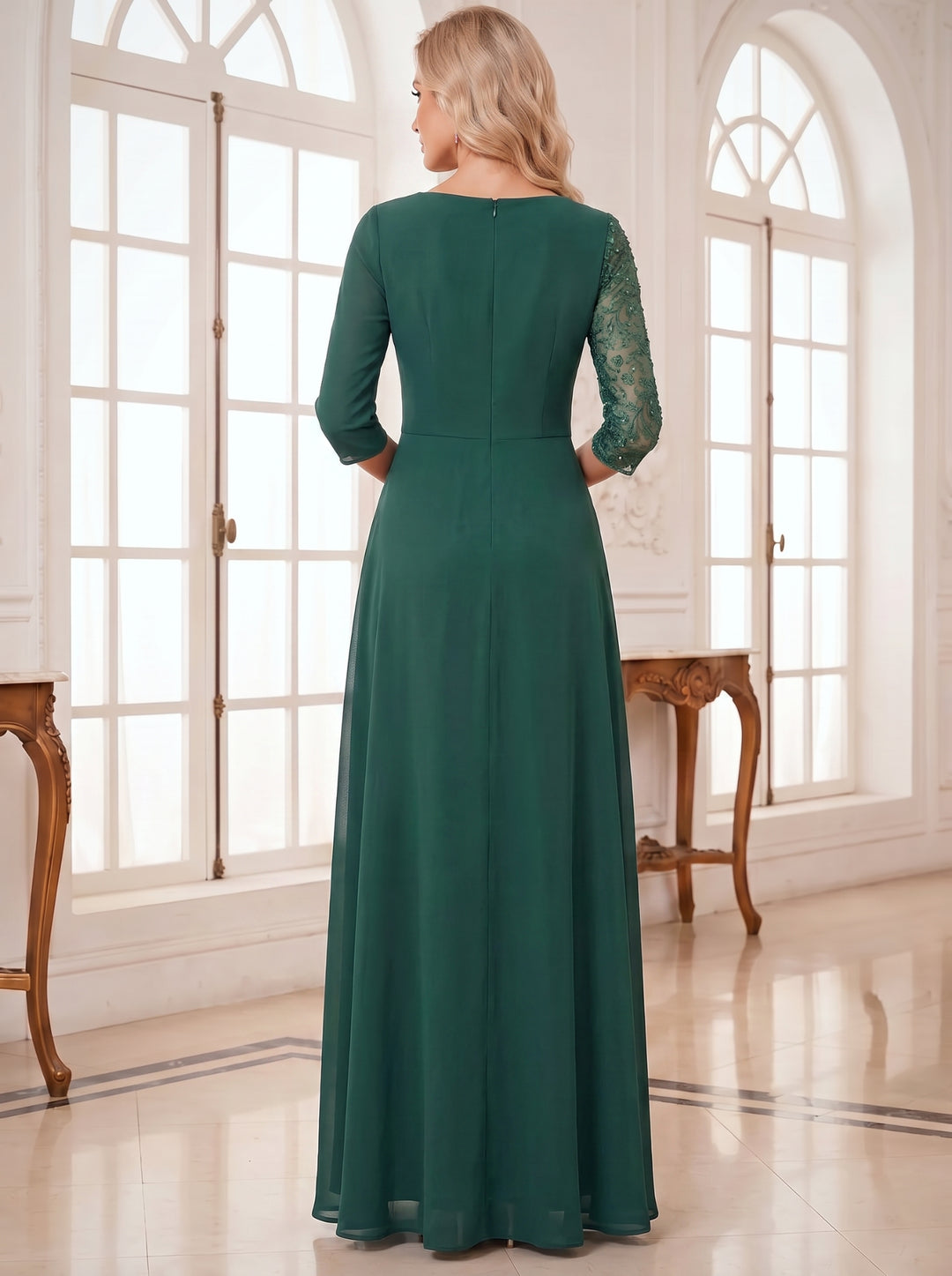 A-Line/Princess Scoop 3/4 Sleeves Floor-Length Mother of the Bride Dresses with Appliques &amp; Beading
