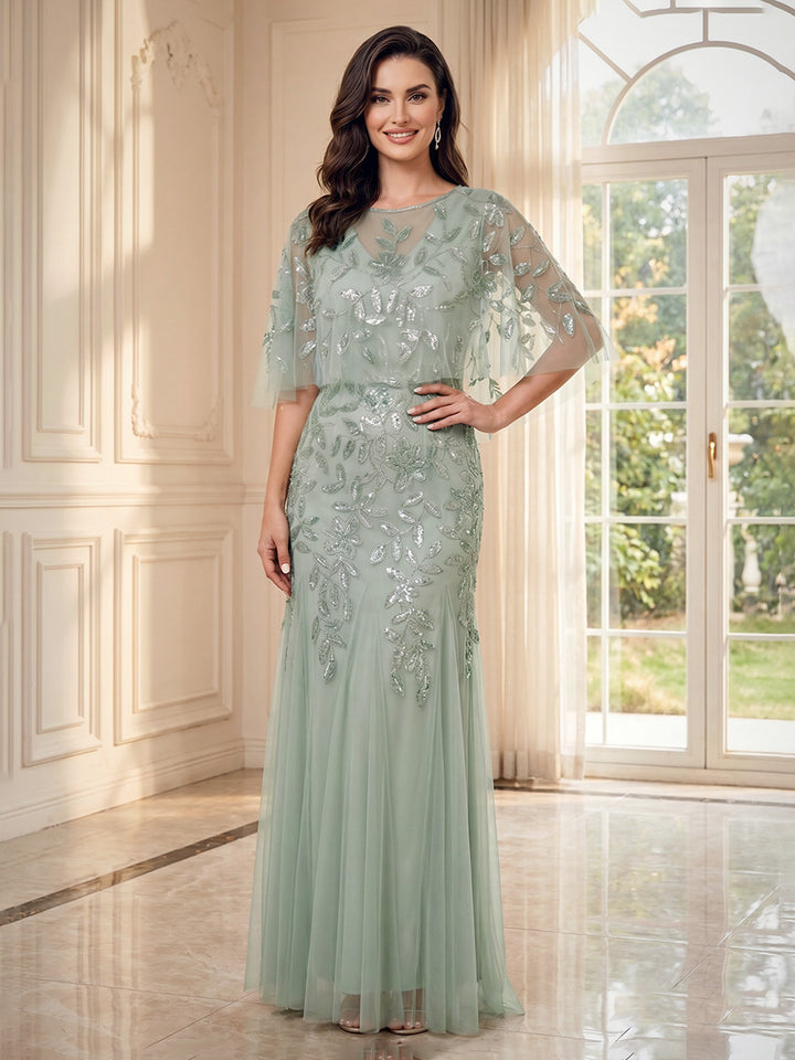 Sheath Column Scoop Half Sleeves Floor-Length Mother of the Bride Dresses with Applique &amp; Lace