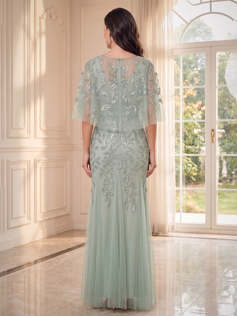 Sheath Column Scoop Half Sleeves Floor-Length Mother of the Bride Dresses with Applique &amp; Lace