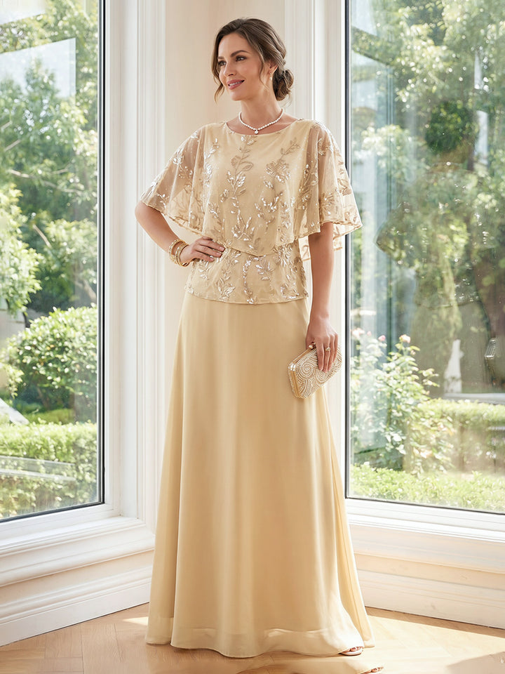A-Line/Princess Scoop Cape Sleeves Floor-Length Mother of the Bride Dresses with Applique