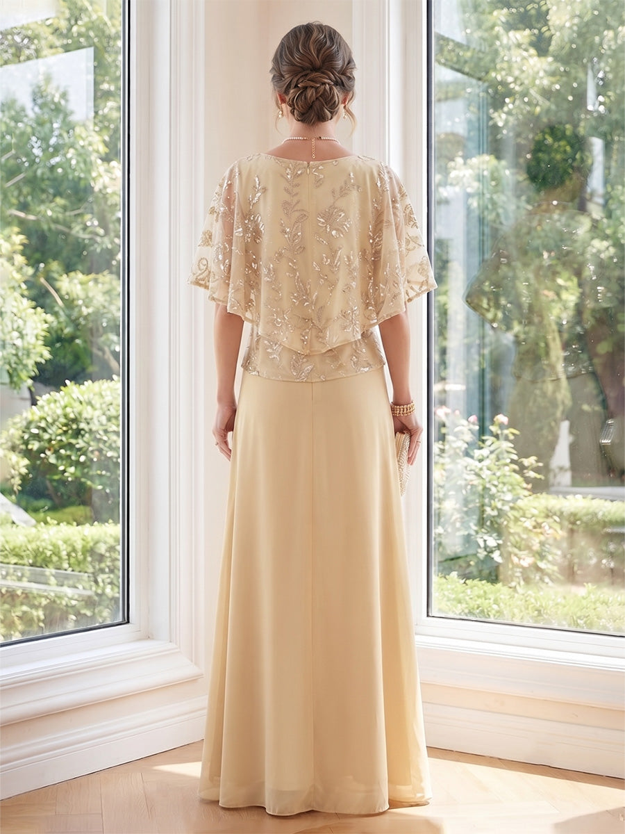 A-Line/Princess Scoop Cape Sleeves Floor-Length Mother of the Bride Dresses with Applique