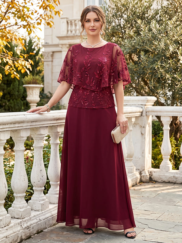 A-Line/Princess Scoop Cap Sleeves Chiffon Floor-Length Plus Size Mother of the Bride Dresses with Applique