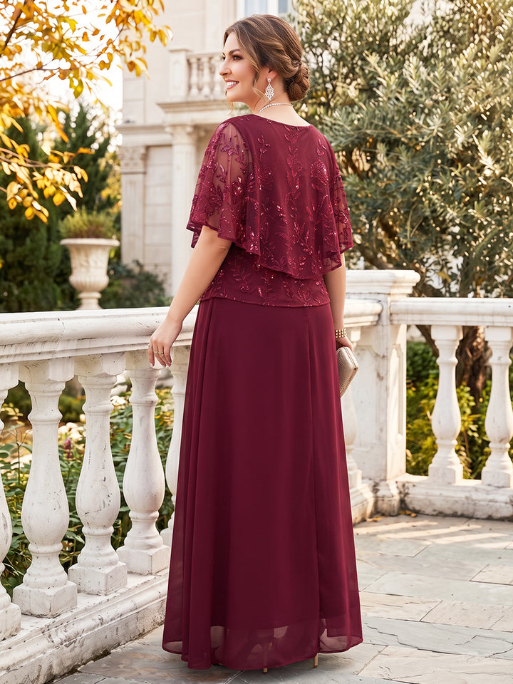 A-Line/Princess Scoop Cap Sleeves Chiffon Floor-Length Plus Size Mother of the Bride Dresses with Applique
