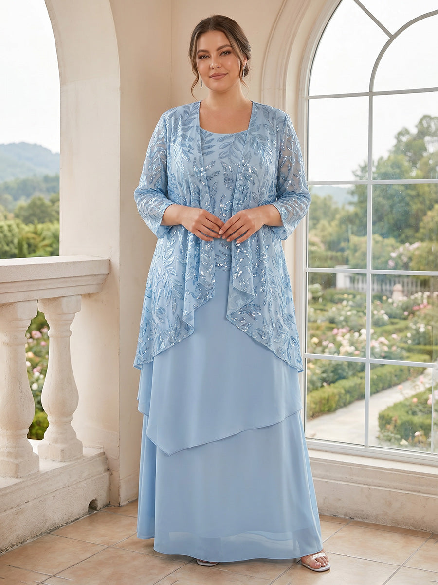 A-Line/Princess 2 Pieces 3/4 Sleeves Scoop Floor Length Plus Size Mother Of The Bride Dresses With Jacket & Ruffles