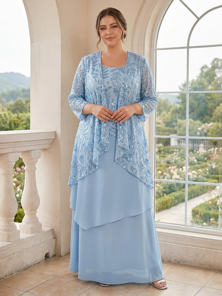 A-Line/Princess 2 Pieces 3/4 Sleeves Scoop Floor Length Plus Size Mother Of The Bride Dresses With Jacket &amp; Ruffles
