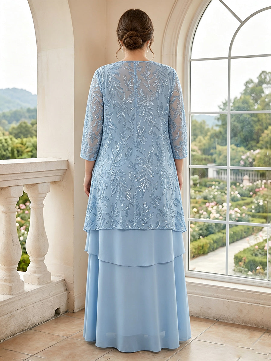 A-Line/Princess 2 Pieces 3/4 Sleeves Scoop Floor Length Plus Size Mother Of The Bride Dresses With Jacket &amp; Ruffles