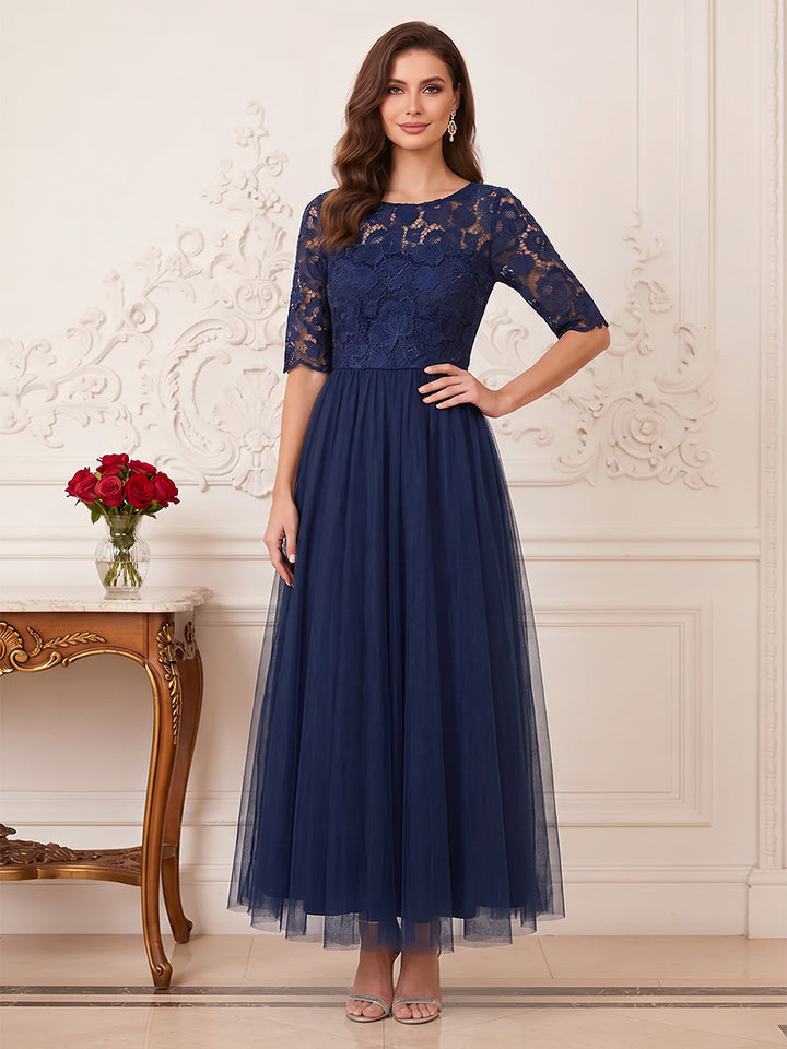 A-Line/Princess Scoop Half Sleeves Ankle-Length Mother of the Bride Dresses with Appliques &amp; Lace