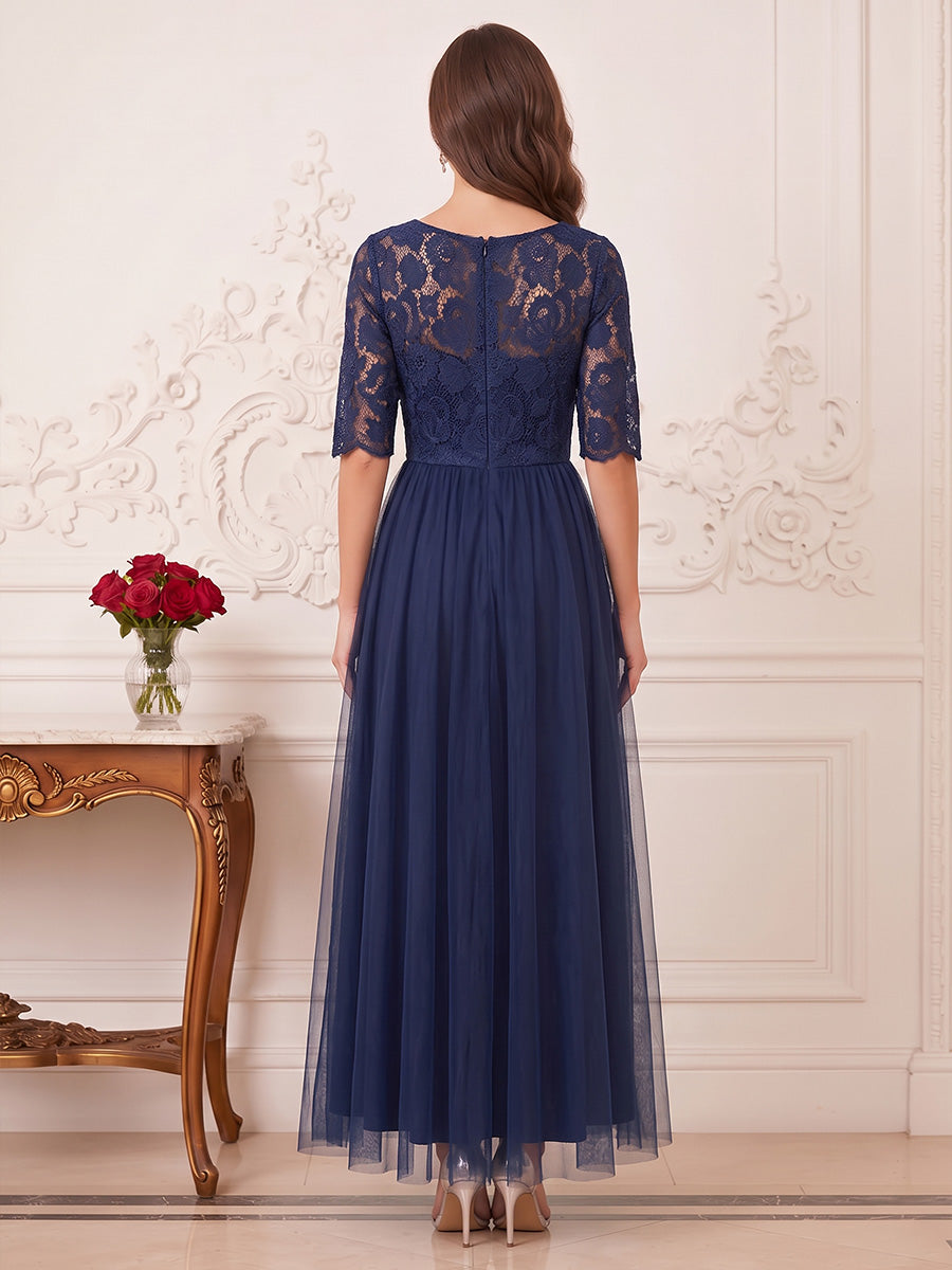 A-Line/Princess Scoop Half Sleeves Ankle-Length Mother of the Bride Dresses with Appliques &amp; Lace