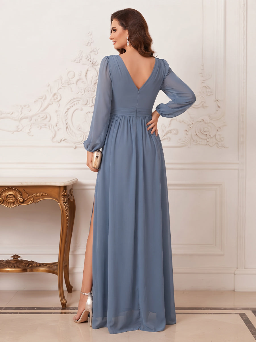 A-Line/Princess V-Neck Long-Sleeves Floor Length Mother of the Bride Dresses with Pleats &amp; 3D Floral