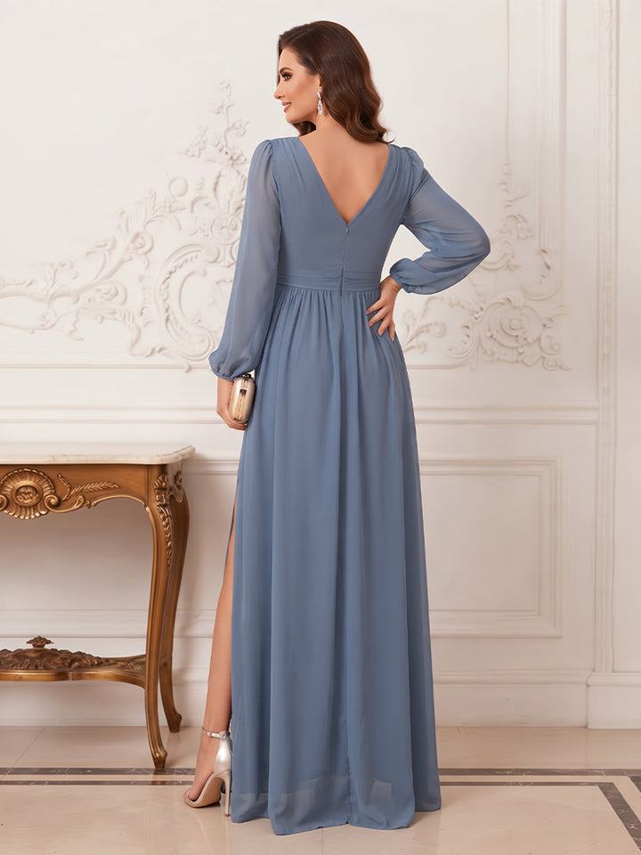 A-Line/Princess V-Neck Long-Sleeves Floor Length Mother of the Bride Dresses with Pleats &amp; 3D Floral