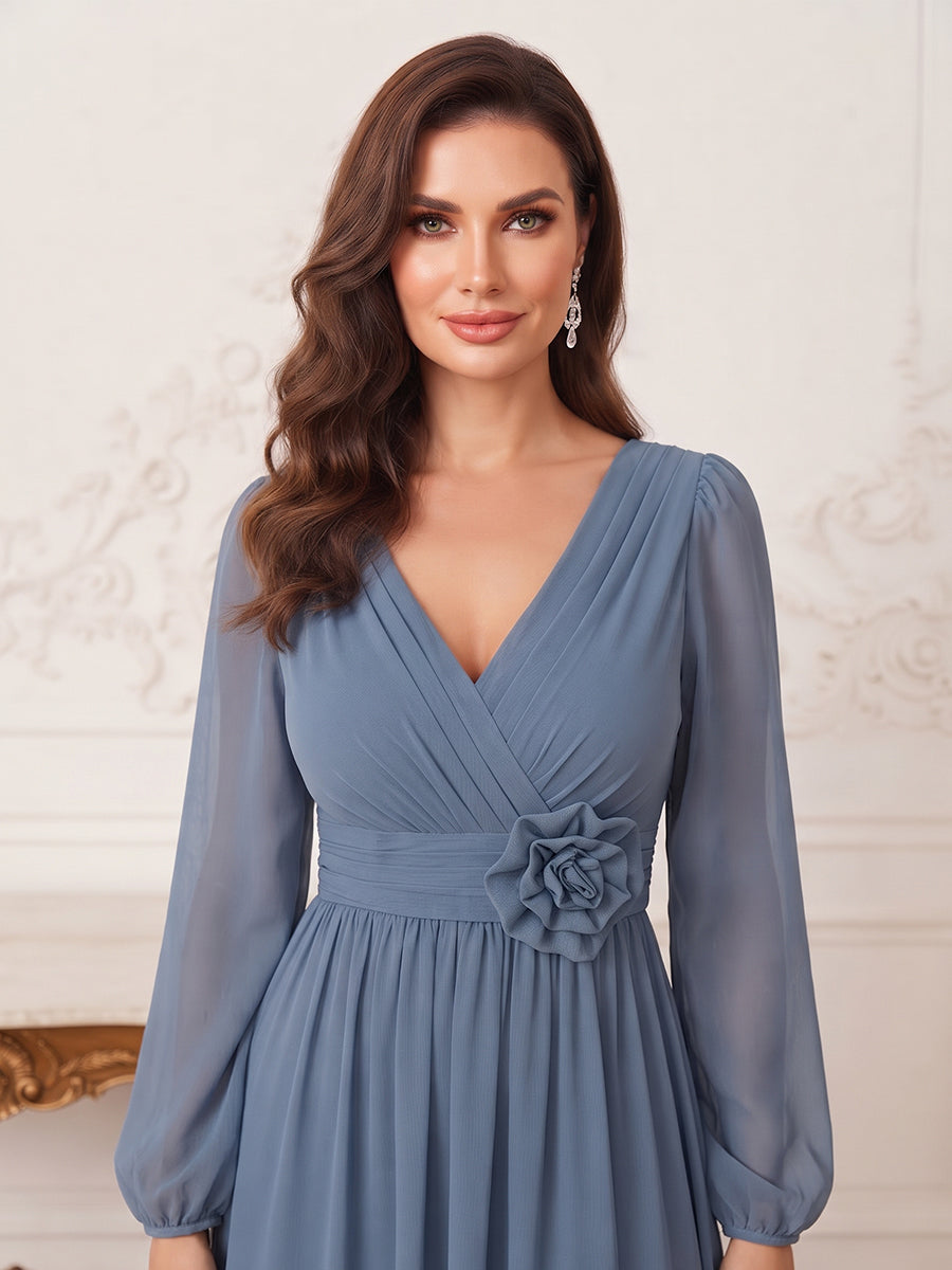A-Line/Princess V-Neck Long-Sleeves Floor Length Mother of the Bride Dresses with Pleats &amp; 3D Floral
