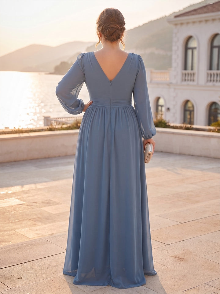 A-Line/Princess V-Neck Long-Sleeves Floor Length Plus Size Mother of the Bride Dresses with Pleats &amp; 3D Floral
