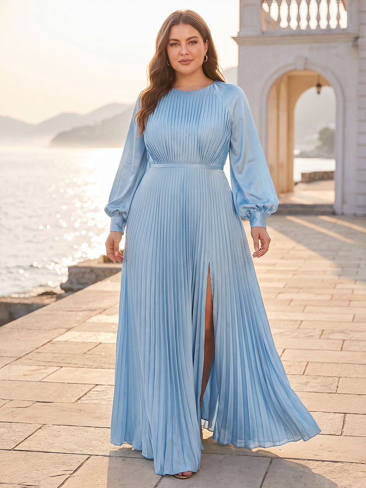 A-Line/Princess Long Sleeves Scoop Floor-Length Plus Size Mother of the Bride Dresses with Pleats &amp; Split Side