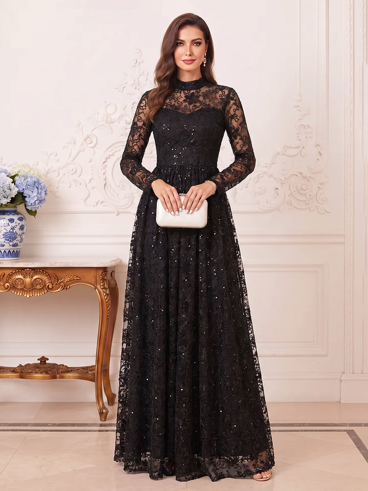 A-Line/Princess High Neck Long Sleeves Floor-Length Mother of the Bride Dresses with Lace &amp; Applique