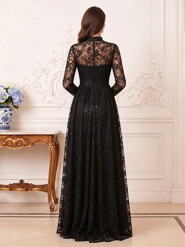 A-Line/Princess High Neck Long Sleeves Floor-Length Mother of the Bride Dresses with Lace &amp; Applique