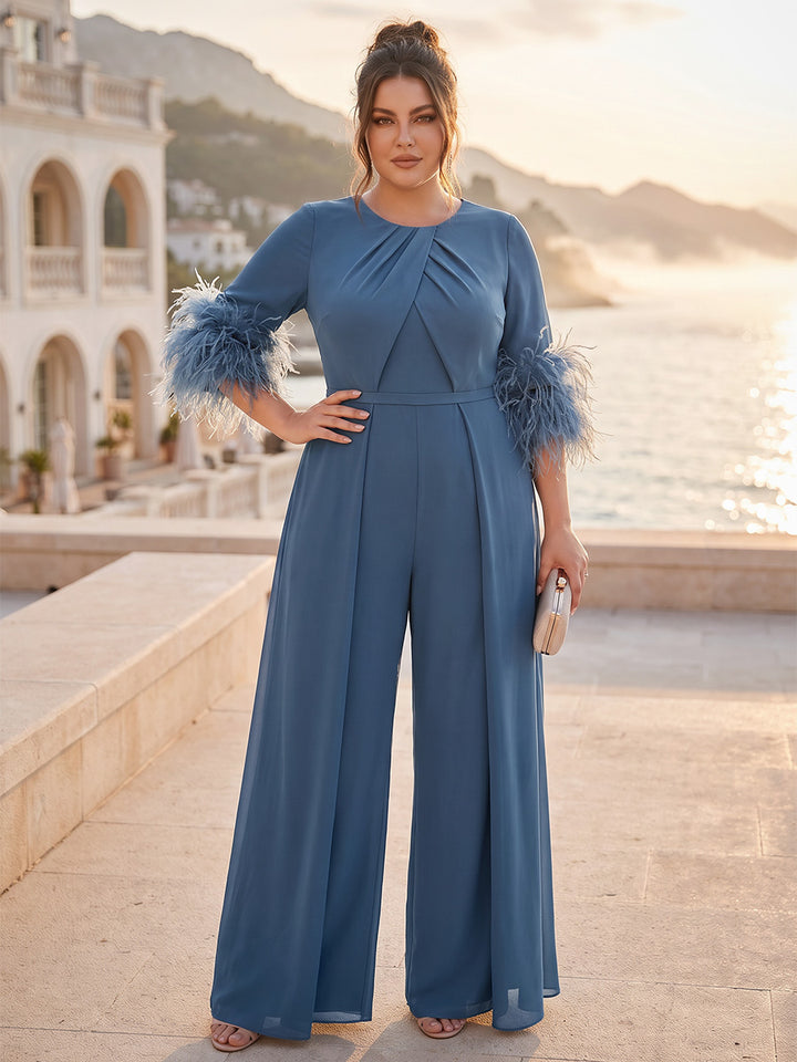 Jumpsuit Scoop Half Sleeves Floor-Length Plus SIze Mother of the Bride Dresses with Feather